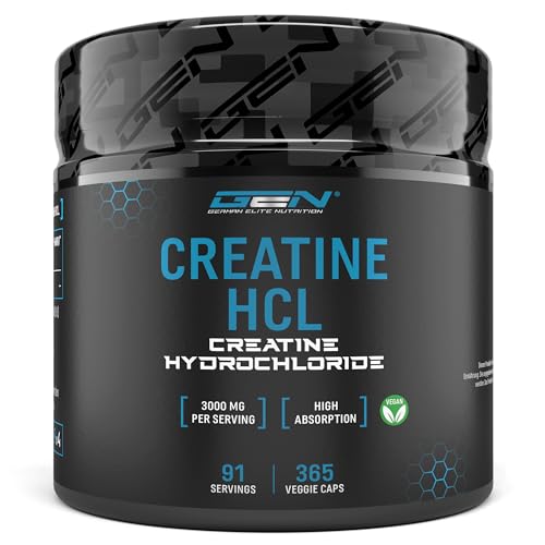 Creatine HCL - 365 vegane Kapseln - Hochdosiert mit 3000 mg - Reines Kreatin Hydrochlorid - High Absorption - Hohe Bioverfügbarkeit