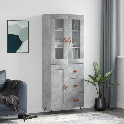 CCCINER Highboard Betongrau 69,5x34x180 cm Holzwerkstoff,Stilvolles Sideboard mit HighboardAufsatz in Betonoptik für mehr Stauraum im Wohnzimmer