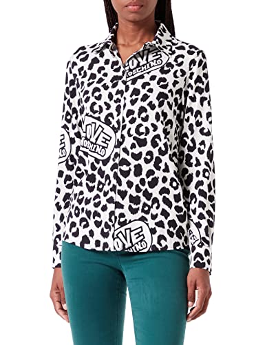 Love Moschino Damen Regular Fit Long Sleevewith Animalier Allover Print. Shirt, Beige Black, 46 EU