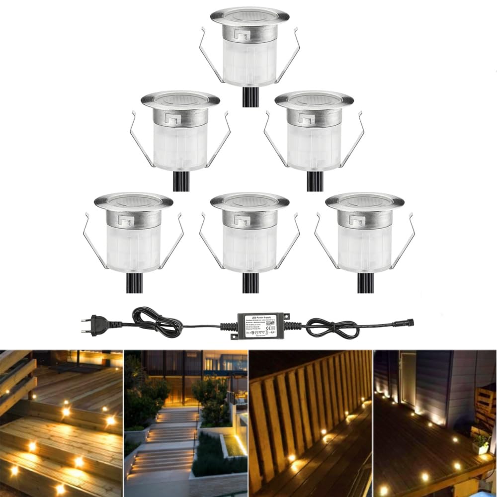 INDARUN LED Bodeneinbauleuchten Aussen Warmweiß 6er Set, Ø30mm Terrasse Einbaustrahler, Led Terrassenbeleuchtung IP67 Wasserdicht Boden Licht für Küche Garten Treppen