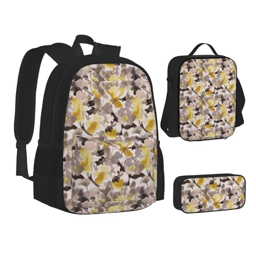 WURTON Büchertasche für Teenager, Federmäppchen, 3-in-1, Schulrucksack-Set, Kinderrucksack, Gelb / Grau