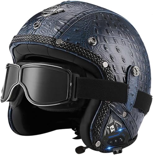 Offener Helm, Motorradhelm, Integrierter Bluetooth-Motorrad-Halbhelm, Retro-Vintage-Motor-Jet-Helm Mit Sonnenblende, Für Männer, Frauen, Erwachsene, DOT/ECE-Geprüft E,XL61-62cm