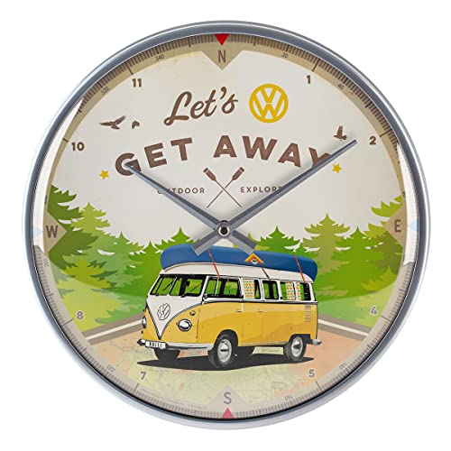 Nostalgic-Art 51092 VW Bulli - Let's Get Away, Wanduhr 31 cm, hochwertige Quartz-Uhr, Echtglas-Front und Metall-Rahmen