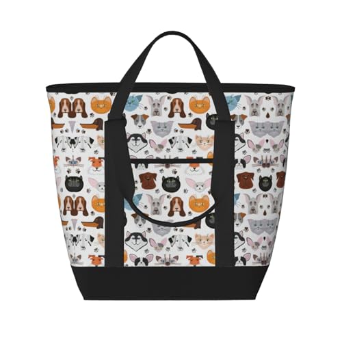 YQxwJL Tragetasche mit Katzen- und Hundegesichtern, Bulldogge, Beagle, Labrador, großes Fassungsvermögen, isolierte Lunchtasche, wiederverwendbare Einkaufstasche mit Reißverschluss für Damen und