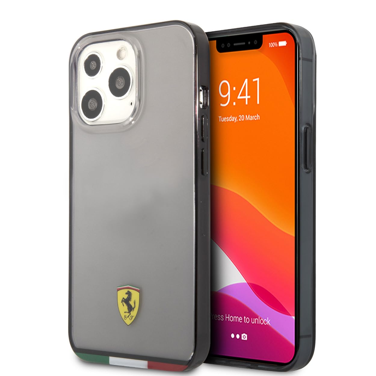 CG MOBILE Ferrari Handyhülle für iPhone 13 Pro Max in durchscheinendem Grau mit italienischen Flaggenlinien, Kratzfeste, Bequeme und langlebige Hartschale mit einfachem Snap-on, Stoßdämpfung und