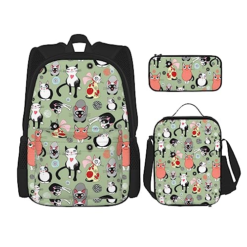 WURTON Niedliches Cartoon-Katzen-Druck, 3-in-1-Sets, lässig, verstellbar, Schulter-Rucksack, Lunch-Tasche, Federmäppchen, Tasche, Schwarz, Einheitsgröße, Schwarz , Einheitsgröße