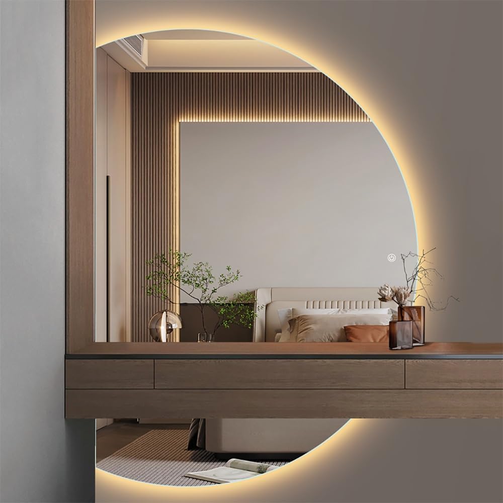 Moderner Badezimmerspiegel zur Wandmontage, halbkreisförmiger Wandspiegel für Wohnzimmer, dimmbarer, beschlagfreier, halbmondförmiger LED-Kosmetikspiegel, 3-Farben-Licht, Touch-Schalter, lin