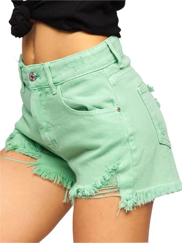 BOLF Damen Kurze Denim Shorts High Waist Zerrissenes Ripped Jeansshorts Bermuda Sommer Hotpants Distressed Freizeit Stretch Relaxed A63 Grün L [G7G]