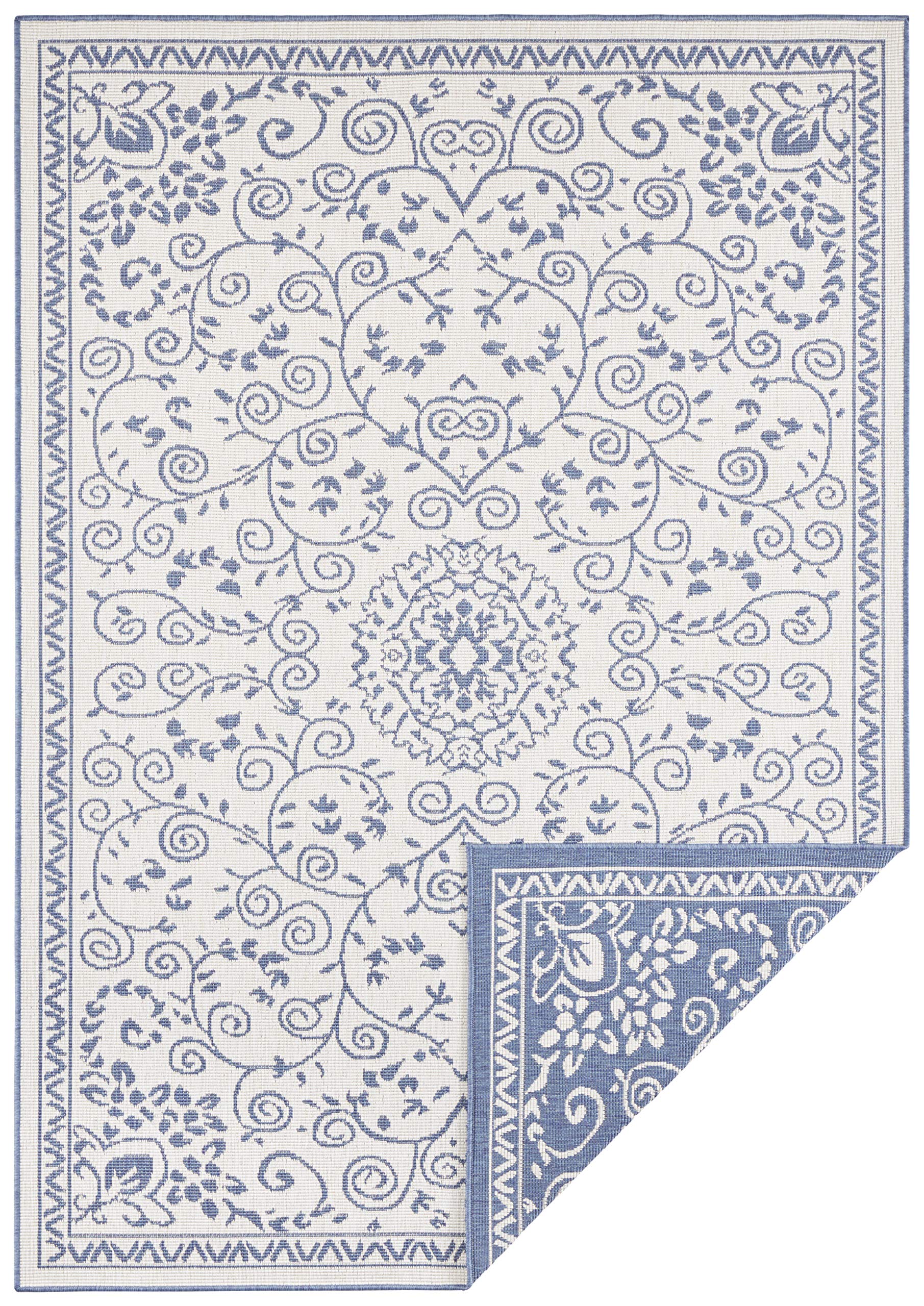 NORTHRUGS In- und Outdoor Teppich Leyte 80x150cm - Wendeteppich Wetterfest Orientalisches Vintage Design Läufer für Balkon Terrasse Garten Wintergarten Wohnzimmerteppich Wasserfest in Blau Creme