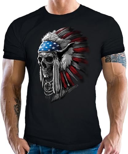 Herren T-Shirt im Vintage Retro Used Look für Western und Indianer Fans: Indian Chief USA Flag