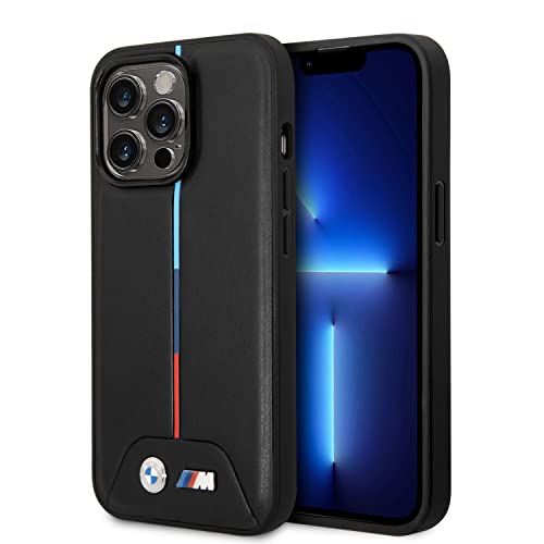 CG MOBILE BMW Handyhülle für iPhone 14 Pro Max in schwarz gesteppt mit mittleren dreifarbigen Linien, PU Leder M Kollektion, glatte Schutzhülle mit einfachem Snap-on, Stoßdämpfung & Signature Logo