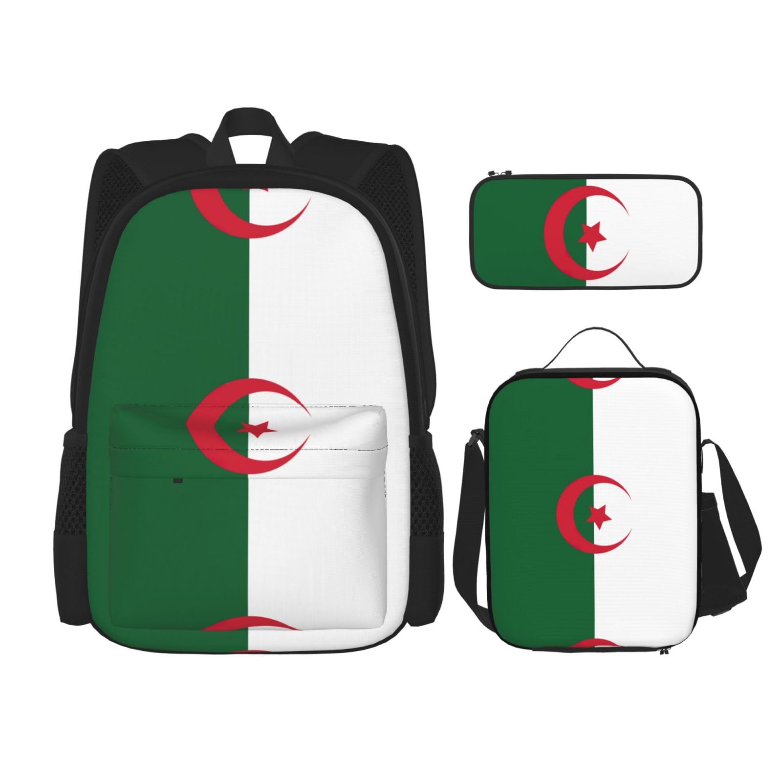 WURTON Rucksack-Set mit verstellbarer Schulterriemen, Motiv: Flagge von Algerien, Lunchtasche, Federmäppchen, Kombinationstaschen-Set