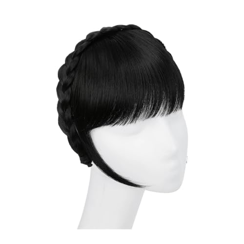 Pony Extension für Damen Synthetische Stirnband-Pony-Verlängerung, Kunsthaar, stumpfe Fransen mit langen Seiten for Frauen, natürliche Flase, schwarz, braun, blond, Pony Fringe Bangs(1B)