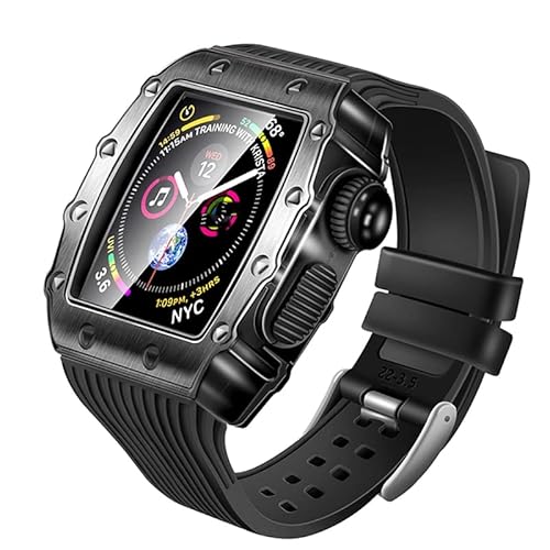 KANUZ Silikonarmband, Metallgehäuse, gehärtete Folie, Drei-in-Eins-Armband, geeignet für Apple Watch 8, 7, 6, 5, 4, SE, 40 mm, 44 mm, 41 mm, 45 mm (Farbe: Preto, Größe: 40 mm)