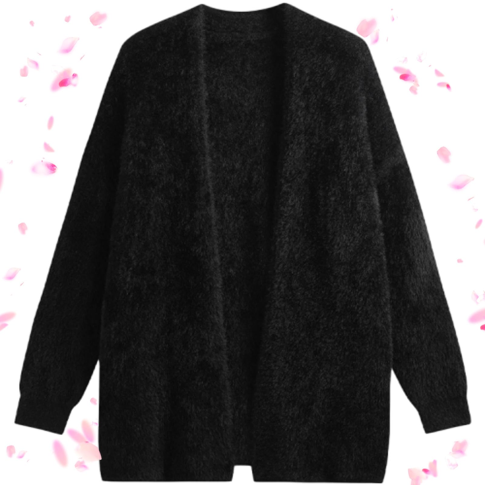 WINDEHAO Kunstfellmantel für Damen, Kunstfell-V-Ausschnitt, Strickjacke, dicke Strickjacke, Pullover, Übergröße, Y2k (Schwarz, Einheitsgröße (45–65 kg))