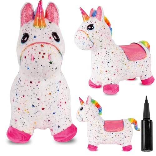 sun baby Hüpftiere ab 1 Jahr mit Pumpe aufblasbares Hüpfspielzeug aus Hochwertigem und Strapazierfähigem Gummi, Verschiedene Designs (Weißes Einhorn mit Sternen)