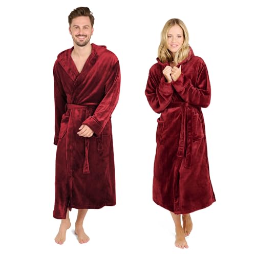 Blumtal Bademantel Damen und Herren - kuschelig weicher Fleece Bademantel mit Kapuze & praktischen Fronttaschen, Oeko-TEX® Zertifiziert, Größe XXXL, Farbe Dunkelrot