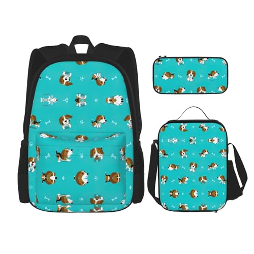 WURTON Rucksack mit Cartoon-Beagle-Motiv, 3-in-1, Büchertaschen-Set, Lunchbox, Federmäppchen, Reise-Laptop-Tagesrucksäcke, Schwarz, Einheitsgröße