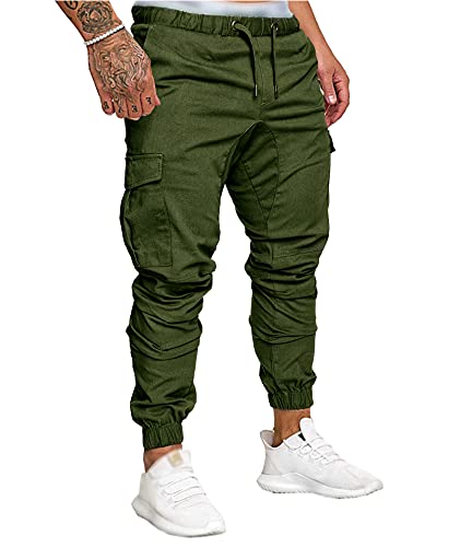 SOMTHRON Herren Elastische Taille Gürtel Baumwolle Jogging Sweat Hosen Plus Size Mode Lange Sports Cargo Hosen Shorts mit Taschen Joggers Activewear Hosen, Green, L