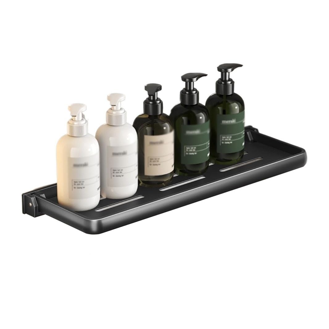 Badezimmerregal für Bad und Küche Schwebendes Duschregal, faltbares Duschregal aus Aluminium, ohne Bohren an der Wand montiertes Duschregal, Organizer for Wäsche, Badezimmer, Küche, Schwarz/Weiß Dusch