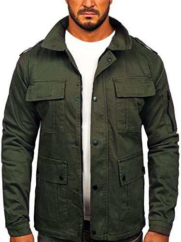 BOLF Herren Übergangsjacke Militär Jacke Fracht Jacke Feldjacke Windbreaker Herbstjacke Baumwolle Jacke Stehkragen Cargo Taschen Military Style 10290 Khaki M [4D4]