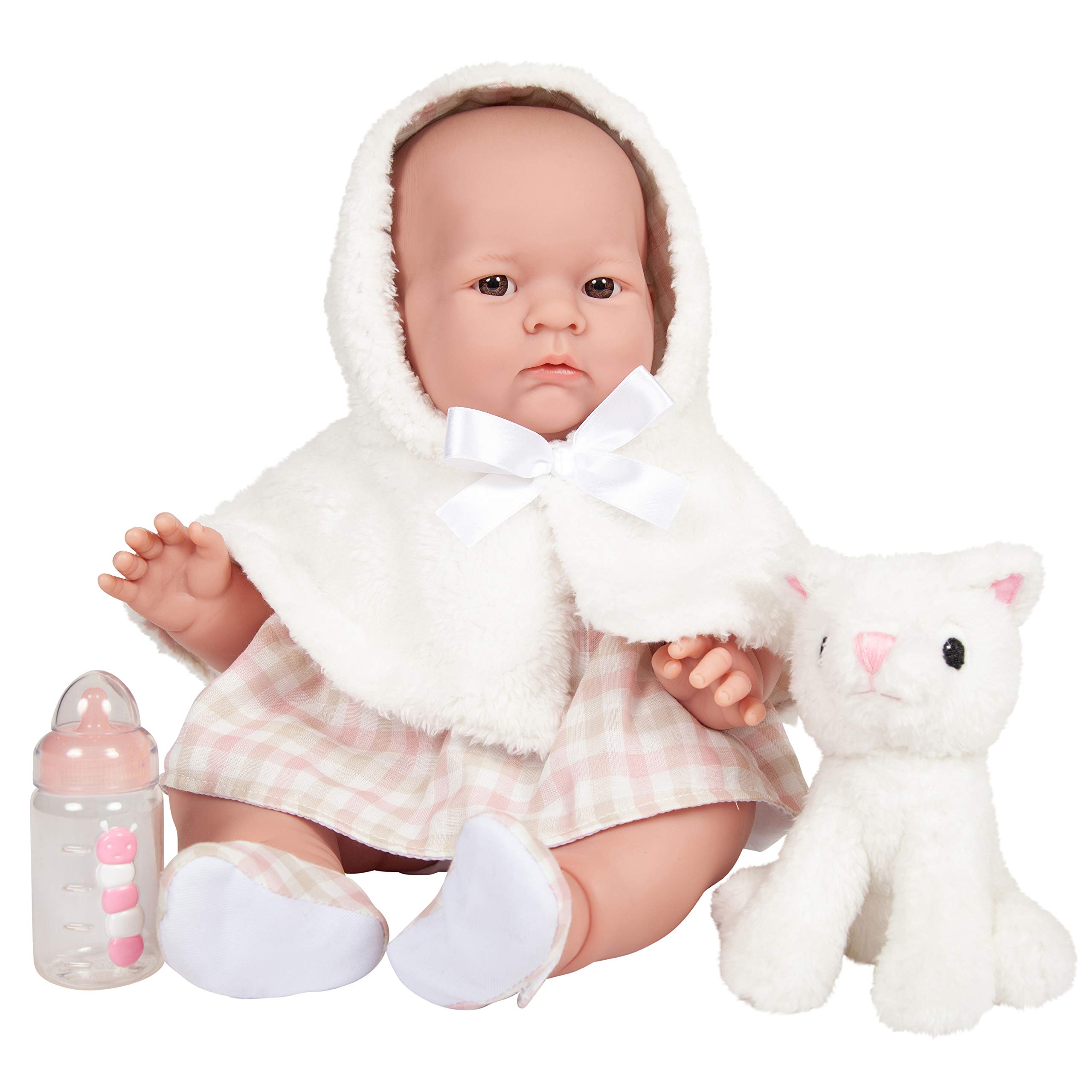 JC TOYS, Lily Puppe mit Gummikörper, rosa/weißes Kleid mit Kapuze, Haustier und Zubehör, Mädchen