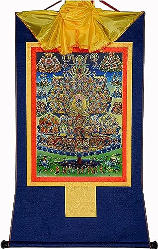 Buddhistischer Wandteppich, Thangka-Wandteppiche, Karma Kagyu auf Zufluchtsbaum, Kamtsang Kagyu, Gyalwa Karmapa, tibetische Thangka-Malkunst, Buddha-Wandteppich mit Schriftrolle (Farbe: Blau, Größe: K