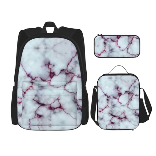 WURTON Violette Marmor-Textur-Druck, verstellbare Schultergurte, Rucksack-Set, Lunch-Tasche, Federmäppchen, Kombinationstaschen-Set