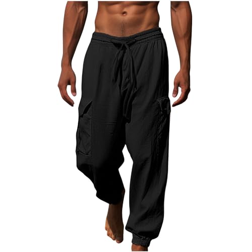 CSHE Herren-Jogginghose Leinenhose mit Langen Seitentaschen Atmungsaktive Sommer-Jogginghose Lockere Und Bequeme Haremshose Pumphose mit Weitem Bein Einfarbige Freizeithose Pants