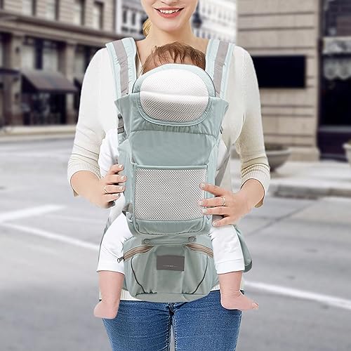 6-in-1 Babytrage für Neugeborene ab Geburt, Ergonomische Babytrage, Hüftsitz Baby, Atmungsaktive und Weicher, für Babys und Kinder von (Rot/Hellgrün) (Hellgrün)