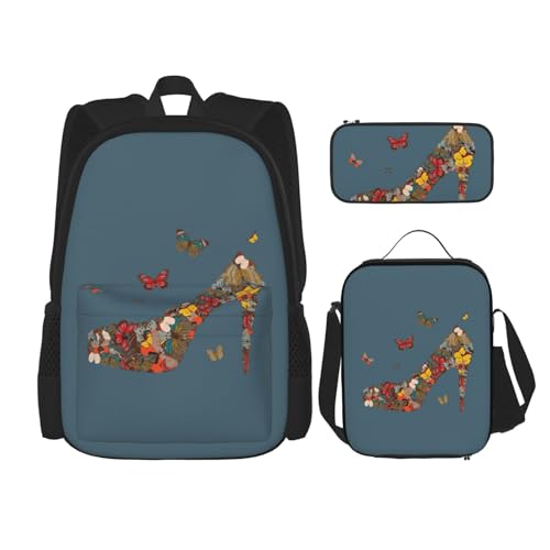 WURTON Schulterrucksack, Schmetterlingsmotiv, 3-in-1, Büchertaschen-Set, Lunchbox, Federmäppchen, Reise-Laptop-Tagesrucksäcke, Schwarz, Einheitsgröße