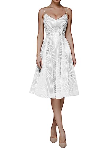 WINDEHAO 2023 Summer Women Fashion V Neck Sling A-Line Dress,Deep V Neck Party Dress,Sexy Halter U Back Evening Dress (White,L)