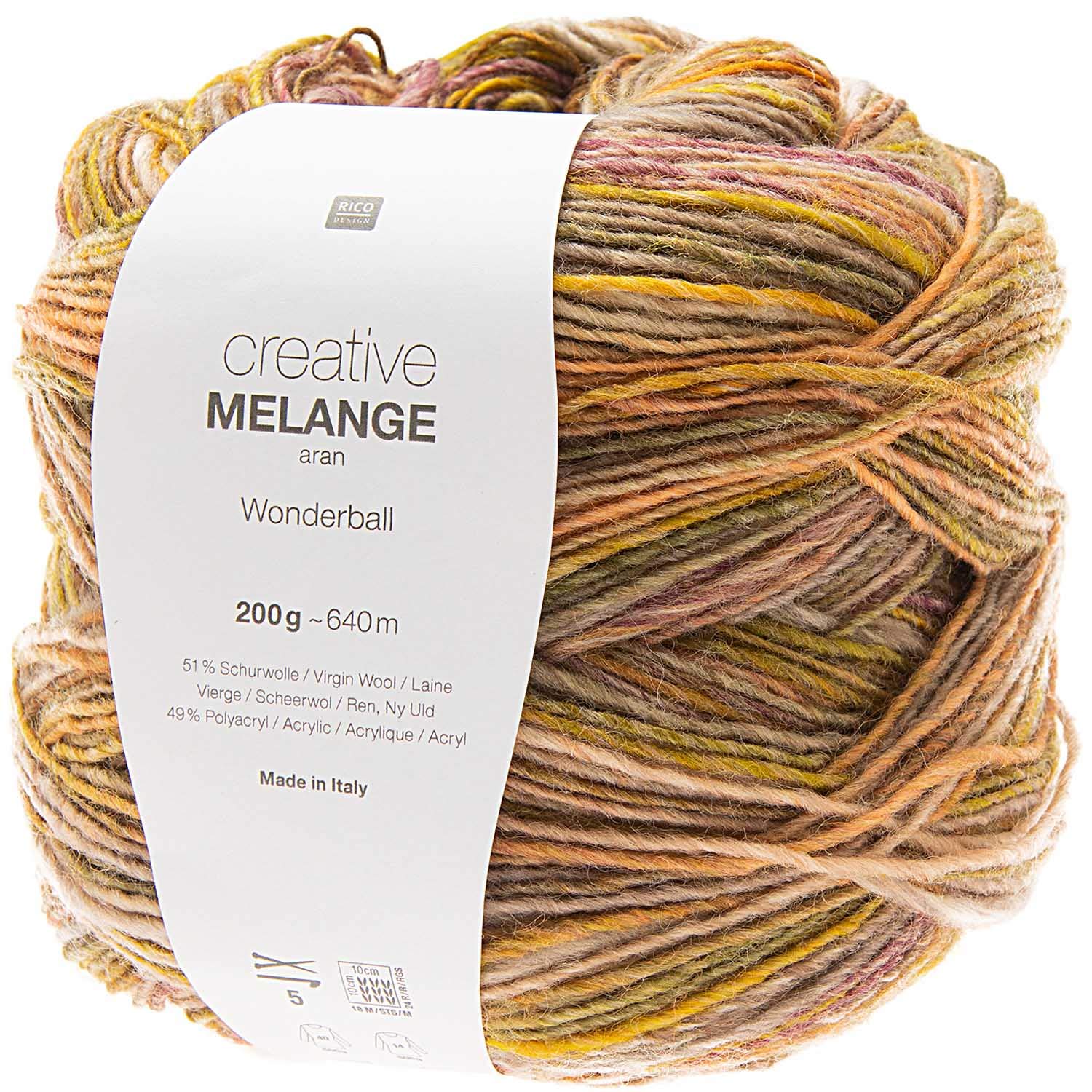 Rico Design Creative Melange Aran Wonderball, Farbverlaufswolle Nadelstärke zum Stricken oder Häkeln, Wolle 200g Knäuel (002, 200)