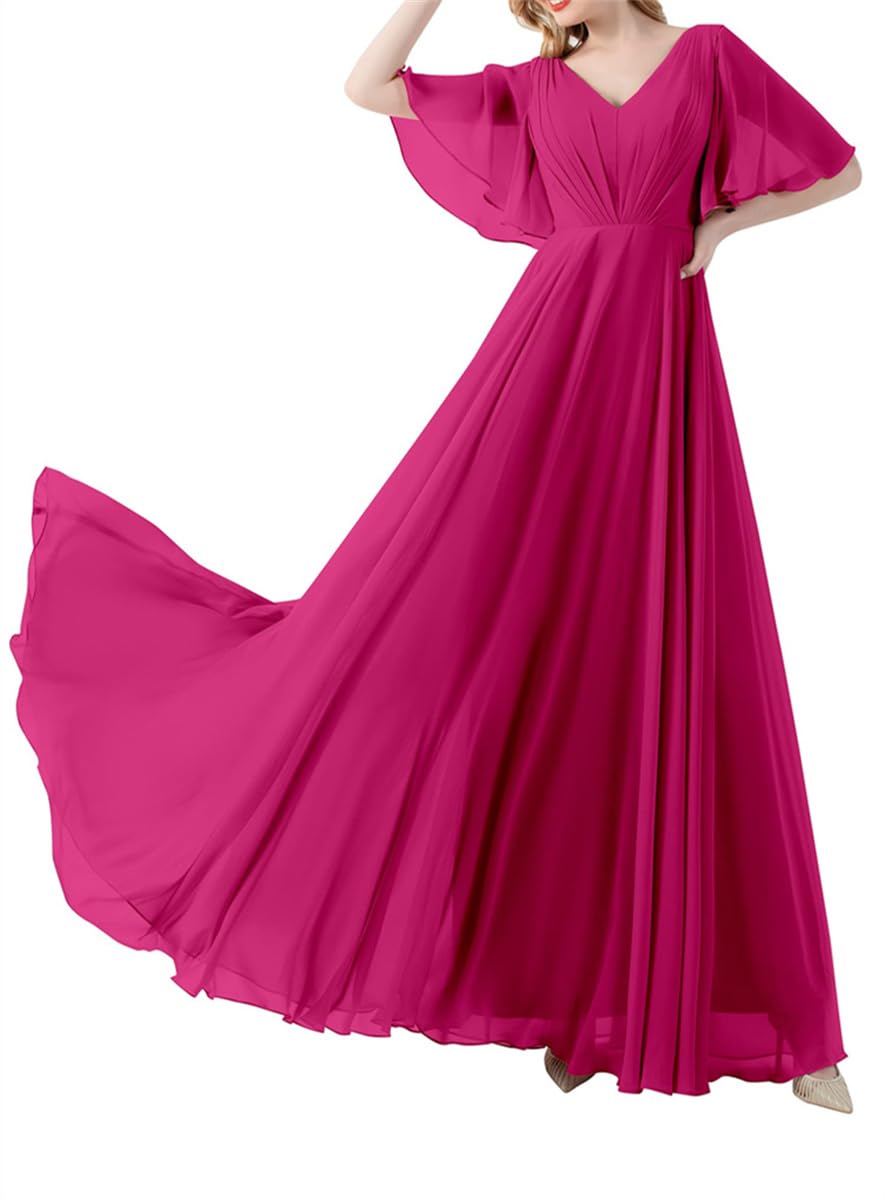 SAMHO Damen V-Ausschnitt Brautjungfernkleider mit Ärmeln geraffte Chiffon langes formelles Abendkleid, fuchsia, 52