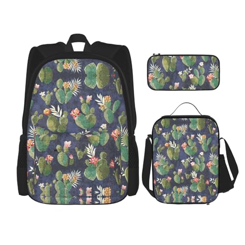 WURTON Aquarell-Kaktus-Druck, trendige Rucksacktaschen, Lunchbox und Federmäppchen, 3-in-1 verstellbares Rucksack-Set, Schwarz, Einheitsgröße, Schwarz , Einheitsgröße