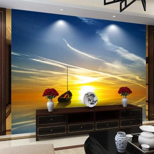 Sonnenaufgang Boote Blauer Himmel Weiße Wolken 3D Tapete Poster Restaurant Schlafzimmer Wohnzimmer Sofa TV Dekorative Wand-250cm×170cm