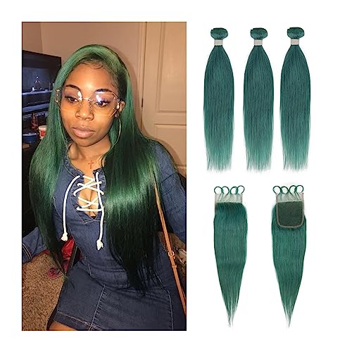 Human Hair Bundles Remy-Bündel mit Verschluss, grünes, glattes Echthaar, 3 Bundles mit Verschluss, brasilianisches Remy-Haar human hair weave (Color : Jade Green 9a, Size : 12 14 16+10Closure)