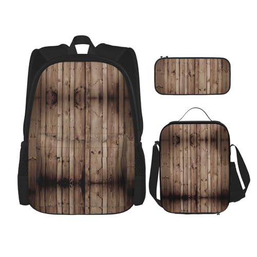 WURTON 3-in-1-Büchertaschen-Set, verstellbarer Schulterrucksack, Lunch-Tasche, Federmäppchen, Etui mit Holzmaserung, Schwarz, Einheitsgröße