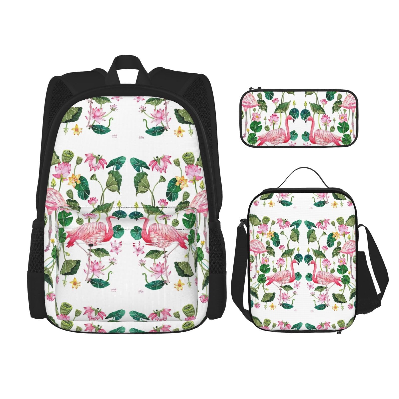 WURTON 3-in-1 Büchertaschen-Set, Flamingo-Vogel, rund, Blätter, verstellbar, Schulter-Rucksack, Lunchtasche, Federmäppchen, Tasche, Schwarz, Einheitsgröße