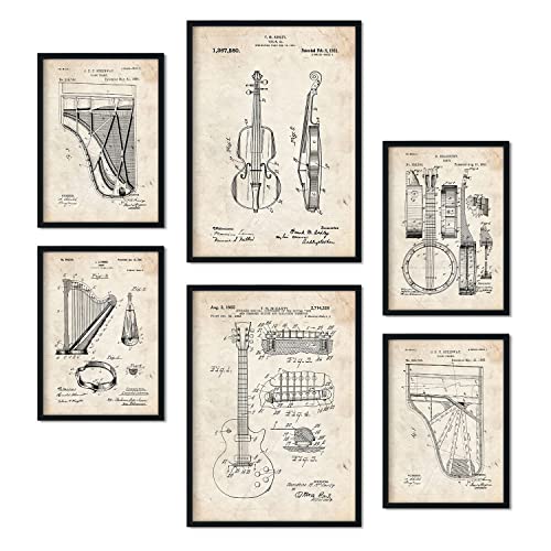 Nacnic Set von 6 Plakaten mit Saiteninstrument Patenten. Plakate mit Retro-Patentabbildungen. Inneneinrichtung im Vintage-Stil. Grösse A4 und A3. Ohne Rahmen.