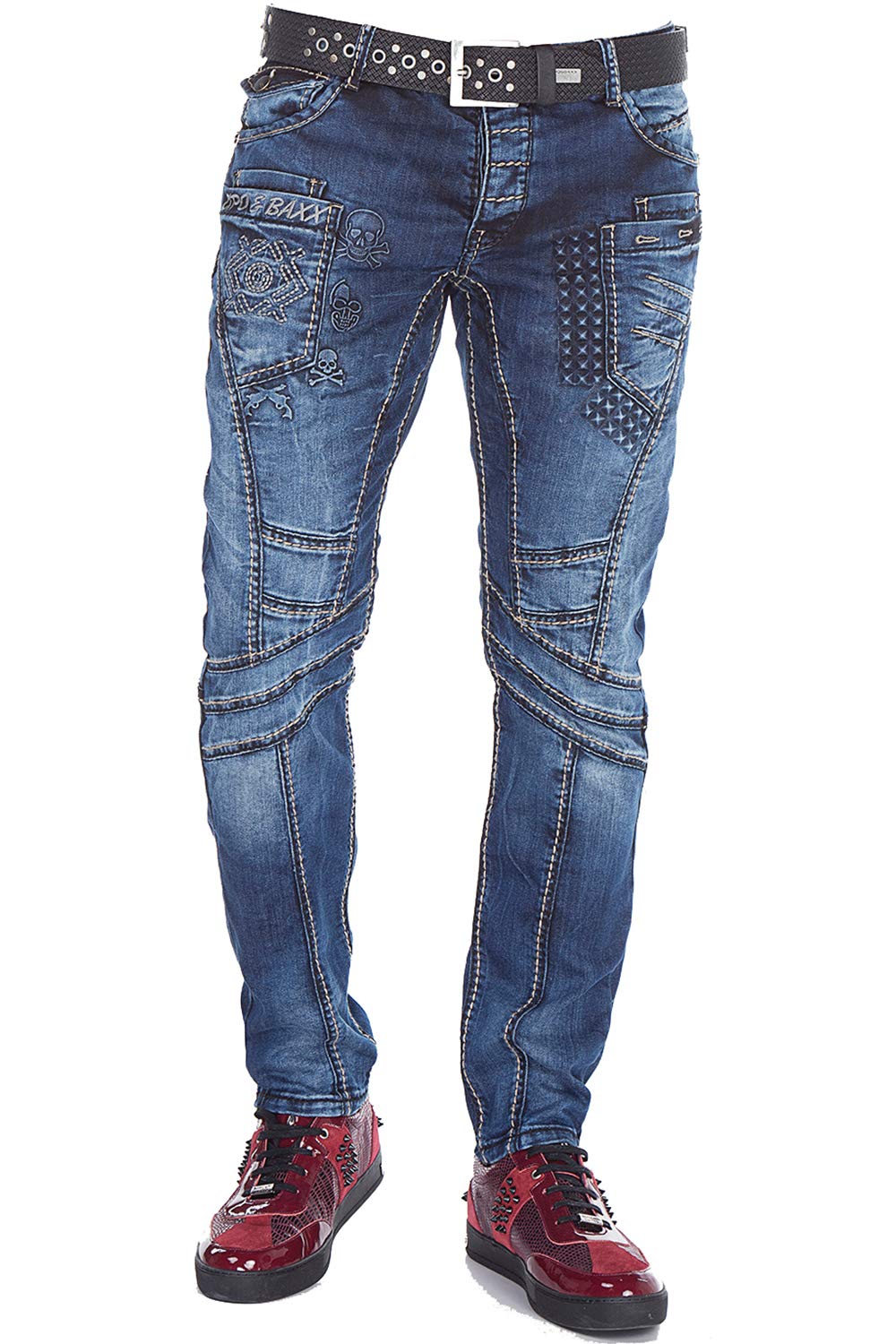 Cipo & Baxx Herren Jeans Hose Kontrastnähten Modisch Straight Fit 3D Totenköpfe Ausgefallene Jeans Hose W30 L32 Darkblue