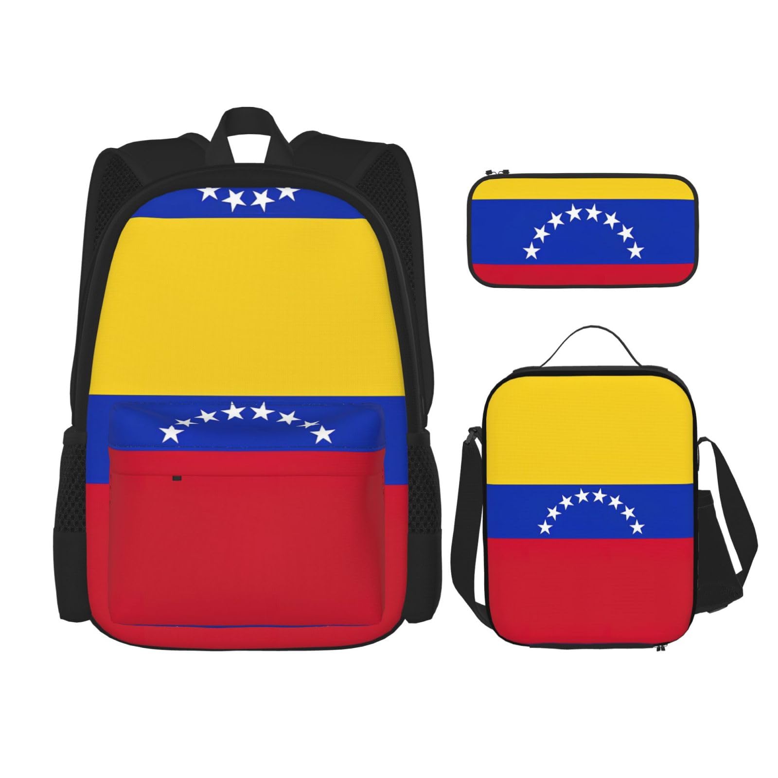 WURTON 3-in-1-Set mit Venezuela-Flaggen-Druck, lässiger verstellbarer Schulter-Rucksack, Lunch-Tasche, Federmäppchen, Beutelbox, Schwarz, Einheitsgröße