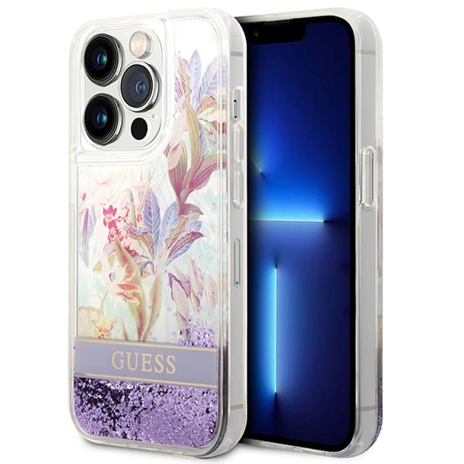 Guess GUHCP14XLFLSU hülle für 14 Pro Max 6,7" violett/Purple hardcase Flower Liquid Glitter