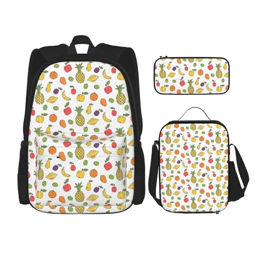 WURTON Bananen-Erdbeer-Ananas-Druck, 3-in-1-Sets, lässig, verstellbar, Schulter-Rucksack, Lunch-Tasche, Federmäppchen, Beutel, Schwarz, Einheitsgröße