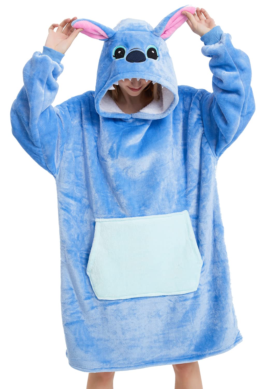 chuangminghangqi Flauschiger Decke mit Ärmeln Oversized Tragbare Decken Hoodie für Frauen Gemütliche Deckenpullover für Camping Kuscheldecke Kapuzenpulloverdecke als Geschenkidee(Blau, M)