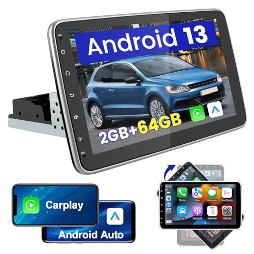 AWESAFE 1 Din universal Android 13 Radio 2GB+64GB mit 10 Zoll Vertikal Drehbarer Touchscreen Navigation WiFi Lenkradsteuerung Bluetooth Carplay Android Auto FM Radio unterstützt DBA+ Rückfahrkamera