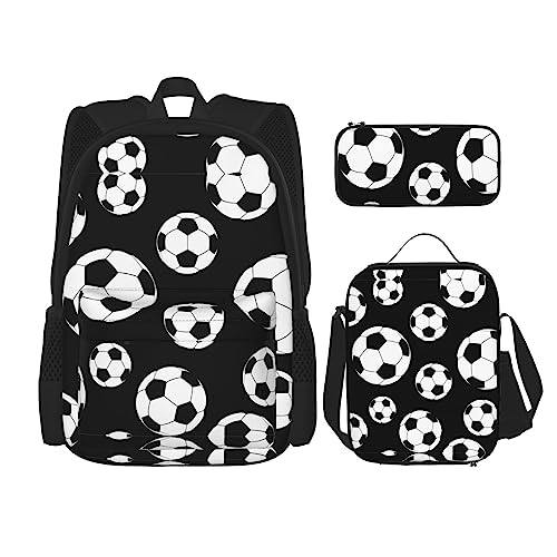 WURTON Lunchbox/Federmäppchen, Rucksack-Set, 3-teilig, verstellbare Riemen, langlebig, leicht, mit Fußballmotiven, Schwarz, Schwarz, One Size