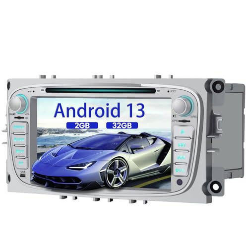 AWESAFE Android 13 Autoradio für Ford Focus Mondeo S-Max C-Max Galaxy, 2GB+32GB, unterstützt DAB WLAN Bluetooth CD DVD Doppel Din Radio mit 7 Zoll Bildschirm - Silber