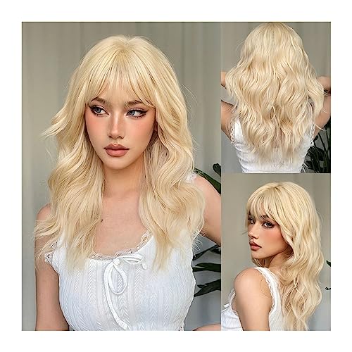 Perücken für Frauen Lange gewellte blonde synthetische Perücken for Frauen, Platin-Tages-Naturhaar-Perücken mit Pony, hitzebeständige Cosplay-Perücken für die Tägliche Party Cosplay Tragen