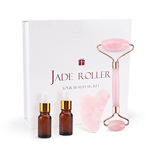 Gua Sha Stein Massage Jade Roller Set Abnehmen Gesichtsmassagegerät Heben Natürliche Jade Gesichtsmassage Roller Rose Quarz Stein Haut Massage Werkzeuge-B Set.